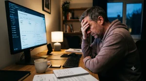 Persona frustrada y triste frente a su computadora porque su web no aparece en Google