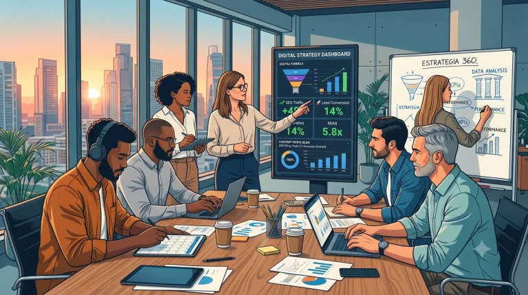 Persona analizando opciones entre agencia de marketing digital y equipo in house en laptop
