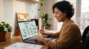 Mujer trabajando en su laptop analizando una guía de SEO básico y el sitemap de una página web.