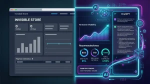 Ilustración conceptual de una tienda online invisible frente a las respuestas generativas de la Inteligencia Artificial y ChatGPT para SEO y GEO