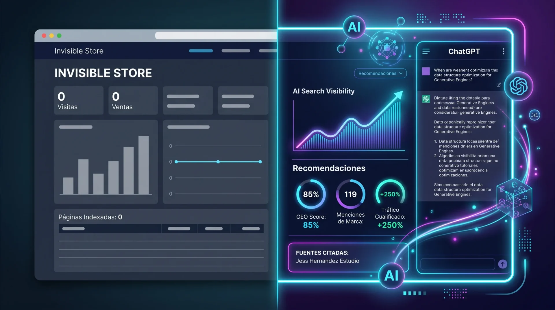 Ilustración conceptual de una tienda online invisible frente a las respuestas generativas de la Inteligencia Artificial y ChatGPT para SEO y GEO