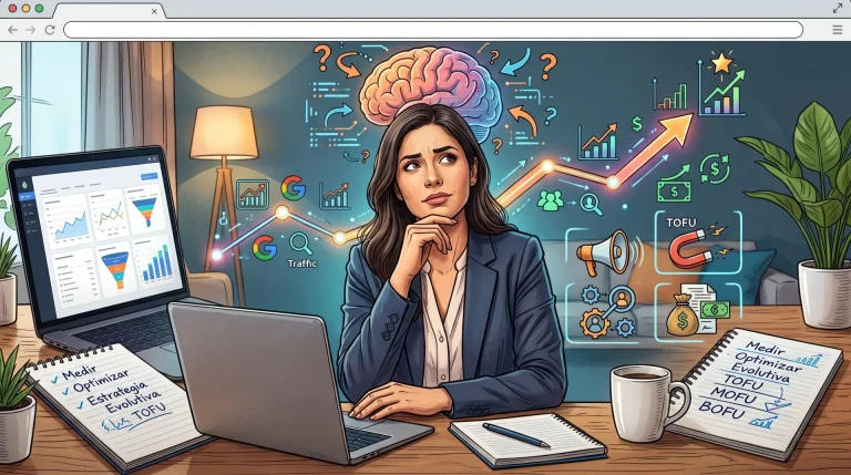 Ilustración de emprendedor pensando qué KPIs principales de marketing digital medir en su negocio (tráfico, ventas o autoridad)