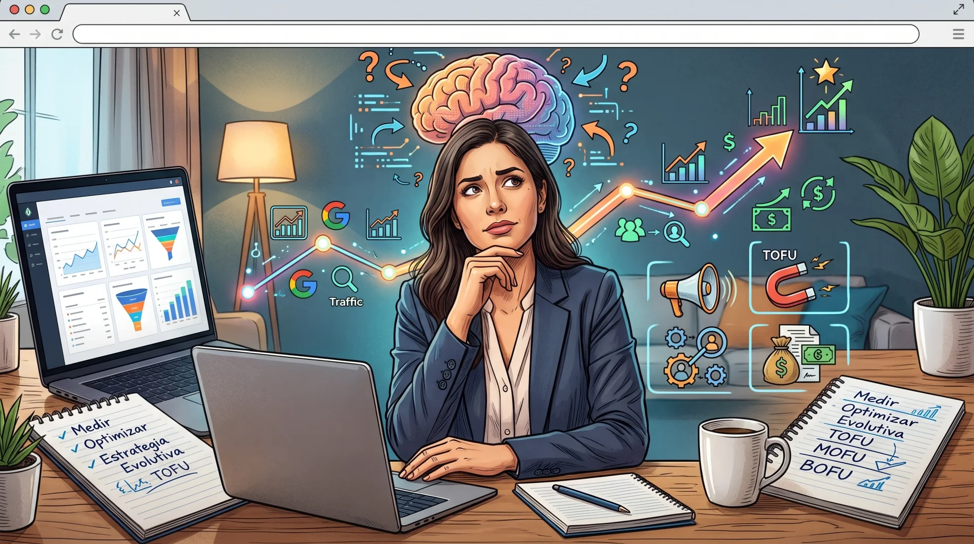 Ilustración de emprendedor pensando qué KPIs principales de marketing digital medir en su negocio (tráfico, ventas o autoridad)